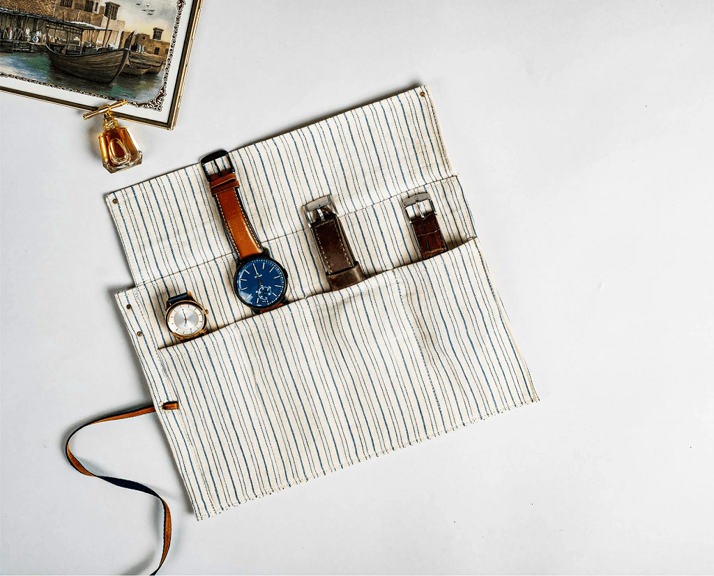 The Watch Organiser – Khadi Roll over for Travel and Storage.